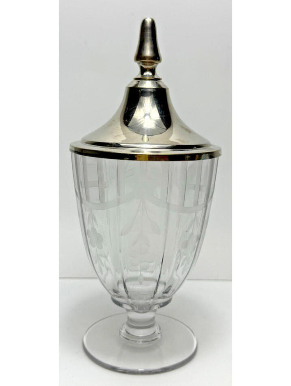Vtg Glass Apothecary Candy Jar w/Lid Etched Glass Footed Tapered Floral Heisey?